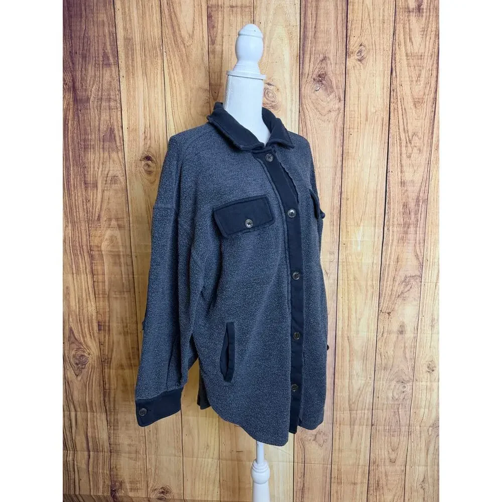Free People Oversized Button Down Fleece Shacket Navy Blue Women's Size S